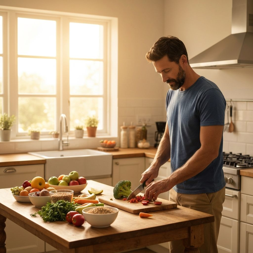 Preparing nutritious whole foods in kitchen